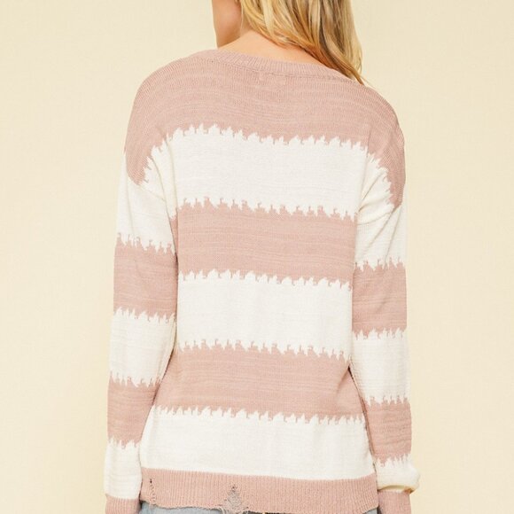 HEM & THREAD Pink & Ivory Striped Knit Sweater, Soft Lightweight Pullover - Picture 2 of 5